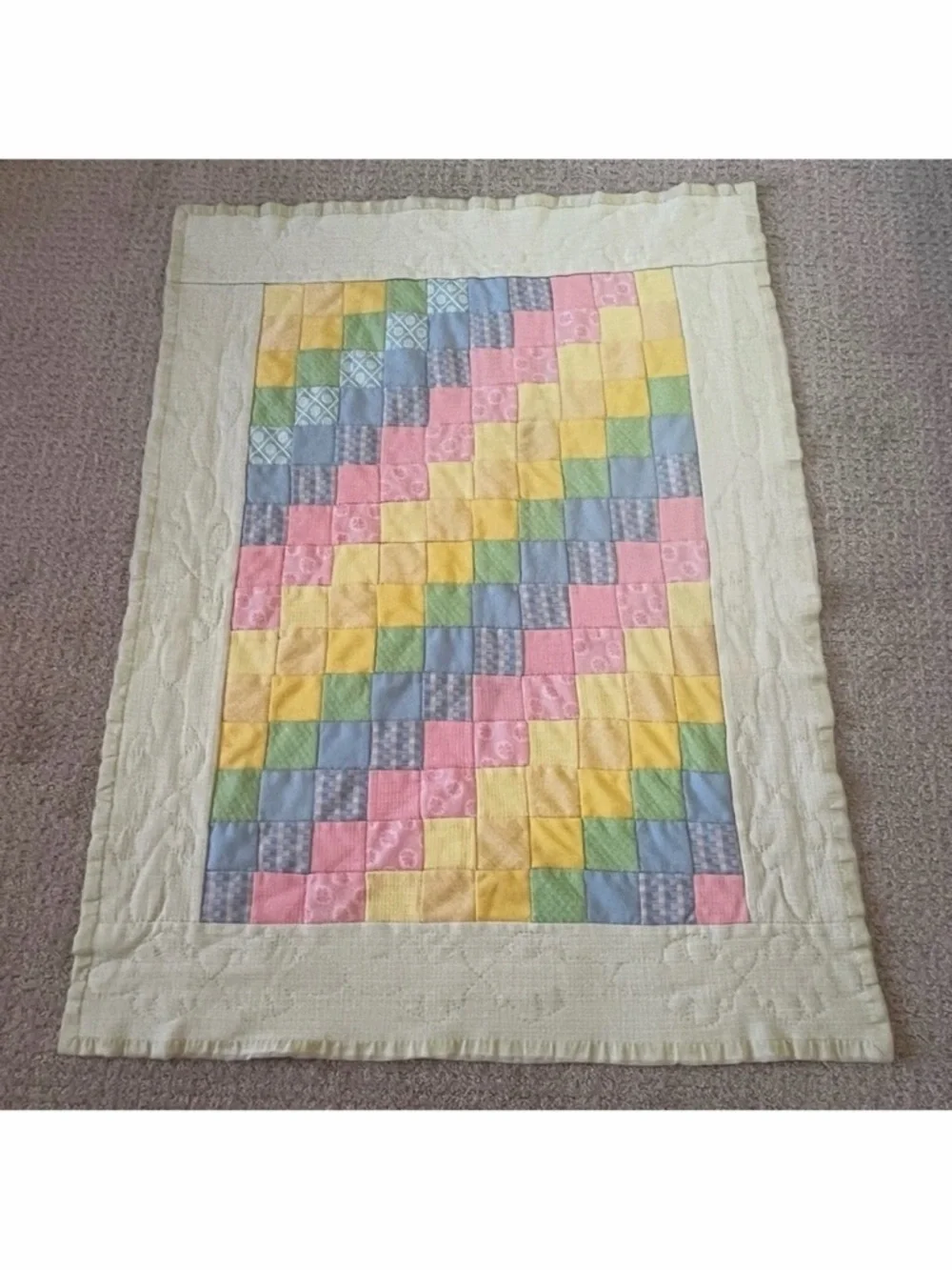 Pastel Baby Quilt Handmade Patchwork Satin Edge Crib Blanket Easter Pink Green